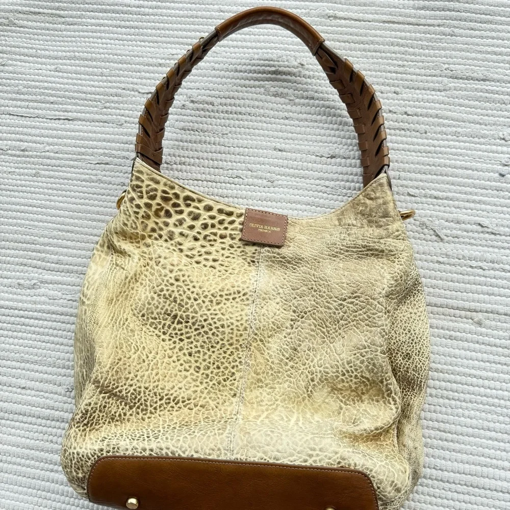 Olivia Harris Joy Gryson Leather Hobo Cream Gold Exotic Bag OS